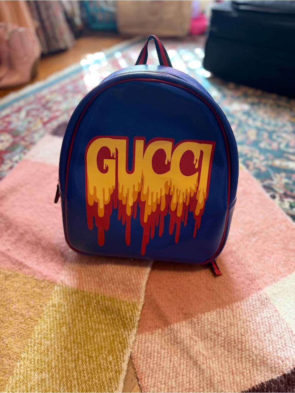 Gucci Blue Leather Backpack with Drip Logo in Yellow and Red
